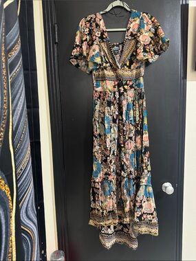ASTR Black Floral Maxi Dress with Teal and Blush Accents